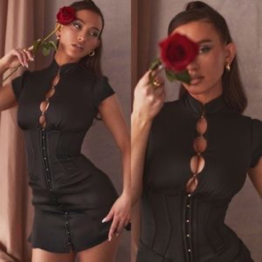 House of CB Carmina Corset Fluted Mini Dress Black Satin Size XS